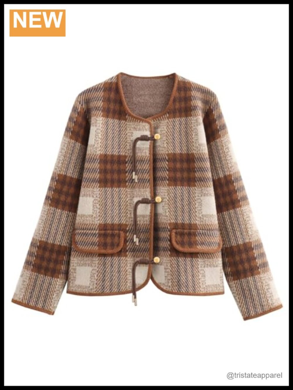 Vintage Button Down Cardigan Sweater Plaid Print Long Sleeve Knit Coat with